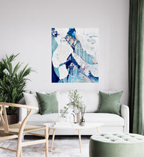 Load image into Gallery viewer, Abstract painting in white and blue with small multi-colours depicting stained glass. Shown on a white wall.
