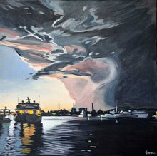 Load image into Gallery viewer, A motor boat berthed at a marina as a storm approaches with large charcoal grey storm clouds tinged with pink. 
