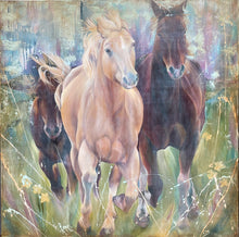 Load image into Gallery viewer, Two black horses and one caramel coloured horse in a multi-coloured pastel field.
