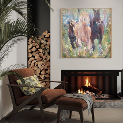 Two black horses and one caramel coloured horse in a multi-coloured pastel field. In situ above a fireplace.