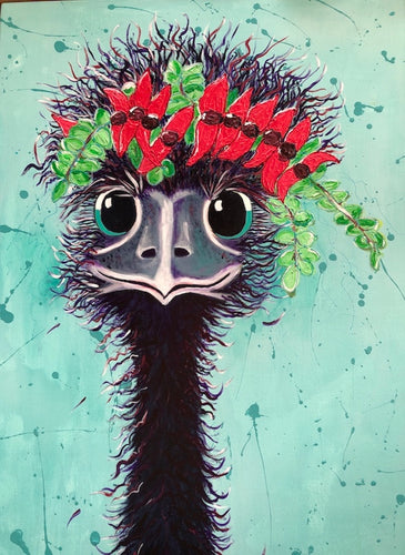 Neck and head painting of a female emu with a headdress made of Sturt Desert Pea flowers against a pale green background.