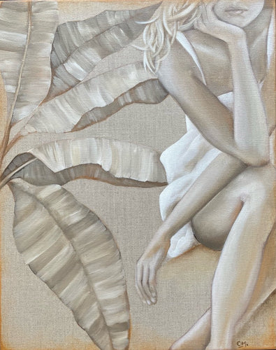 Girl in a white strappy dress, next to palm leaves, on a natural linen background. Neutral palette.