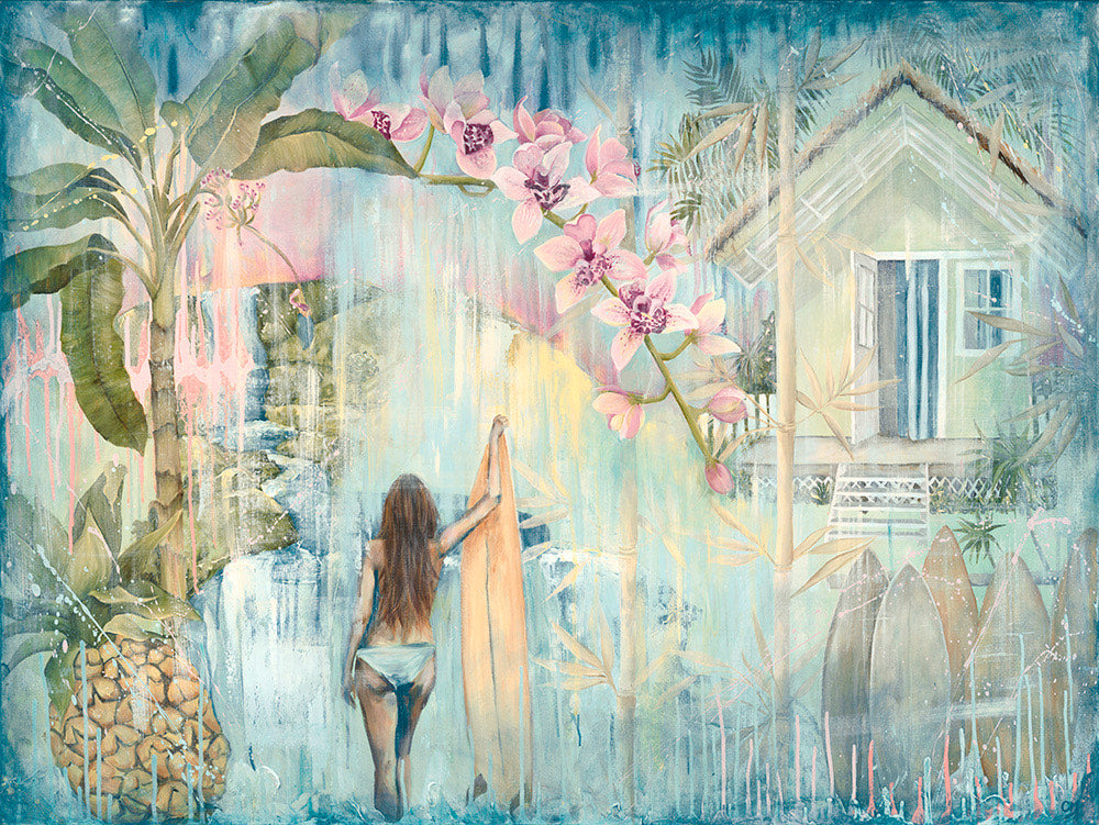 Tropical summer holidays, surf, beach shacks, waterfalls, pineapples, palms and flowers.