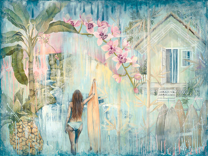 Tropical summer holidays, surf, beach shacks, waterfalls, pineapples, palms and flowers.