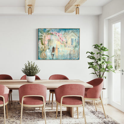 Tropical summer holidays, surf, beach shacks, waterfalls, pineapples, palms and flowers. In situ on a dining room wall.