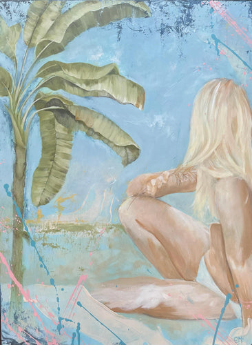 Girl in a bikini sitting under a banana tree, in pastel shades of blue. 