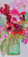 Load image into Gallery viewer, pink, red and pale green blooms in a tall pale green vase.
