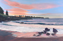 Load image into Gallery viewer, Andrew McPhail, original painting, April is a beautiful month for sunrises on the south coast of NSW.  This morning had it all. The wash was reflecting pink and gold,  the waves were tipped with emerald, and the classic Kiama silhouette  was sharp against the sky.
