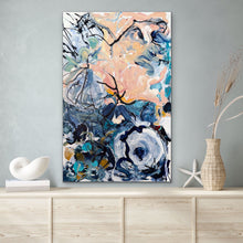 Load image into Gallery viewer, Bunch of abstract blooms in muted shades. In situ on a pale blue grey wall.
