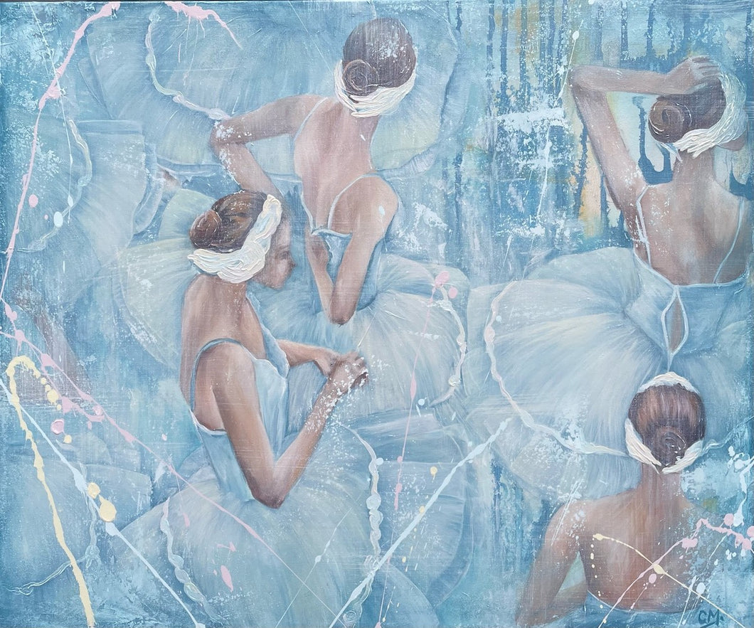 Four ballerinas in pale blue tutus with headbands made of white feathers against a pastel blue background.