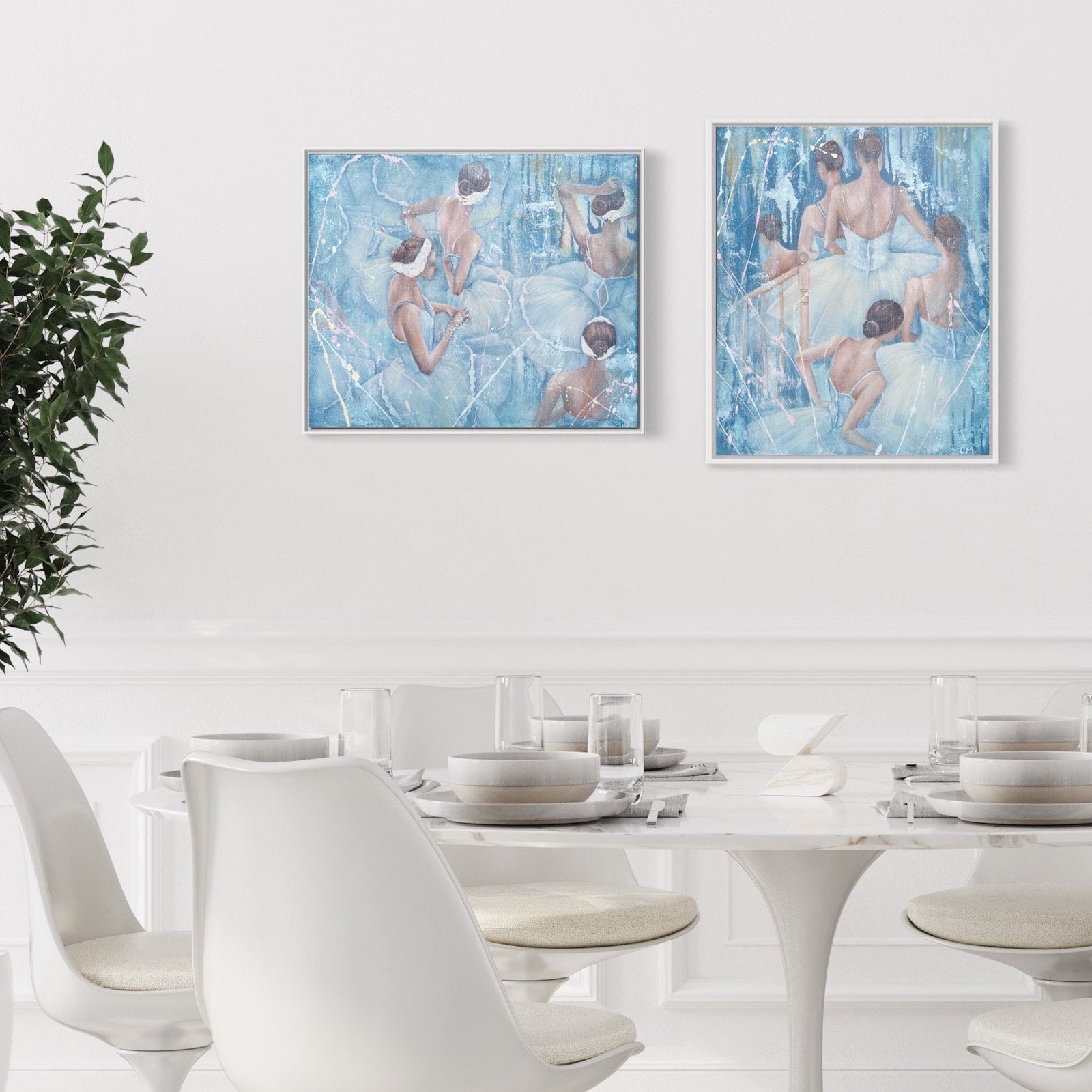 Four ballerinas in pale blue tutus with headbands made of white feathers against a pastel blue background. In situ on a dining room wall with matching painting 'Backstage'.