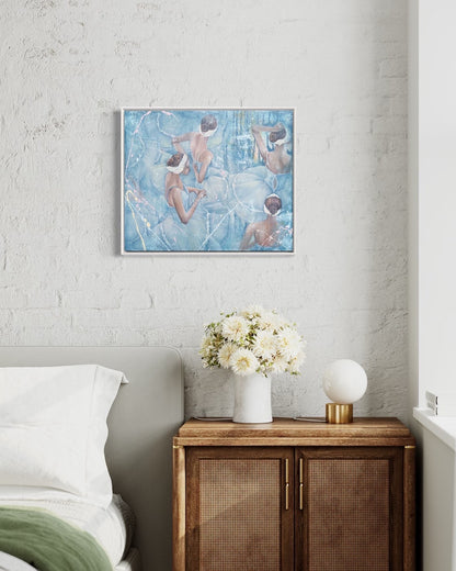 Four ballerinas in pale blue tutus with headbands made of white feathers against a pastel blue background. In situ on a bedroom wall.