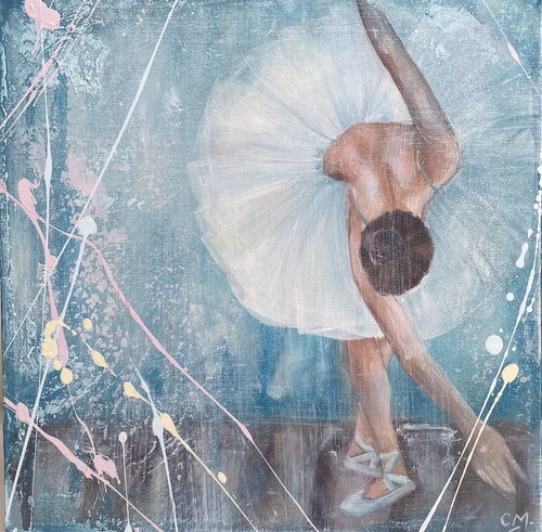 Ballerina in a white tutu bowing to the audience against a pastel blue background.