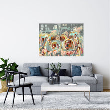 Load image into Gallery viewer, Rocks, hay bales with sheep feeding in a pastel coloured abstract mixed media work. Shown in situ on a living room wall.
