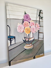 Load image into Gallery viewer, Side view of a silver vase of &quot;Merribee&quot; roses from the NSW South Coast.
