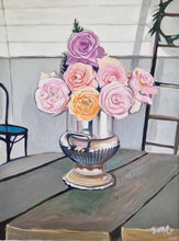 Load image into Gallery viewer, A silver vase filled with ten pastel coloured roses from the curated gardens of historic &quot;Merribee&quot; a property on the NSW South Coast. 
