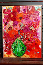 Load image into Gallery viewer, Vibrant colourful mass of blooms in magenta and red, with gold details and a bright green vase. In situ
