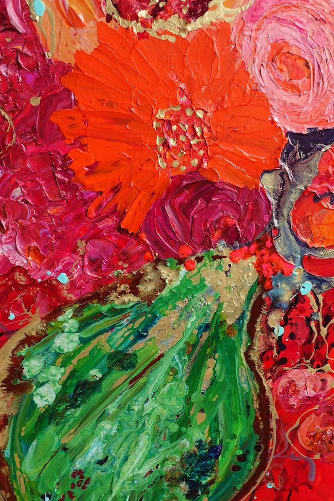Vibrant colourful mass of blooms in magenta and red, with gold details and a bright green vase. Detail view 2.