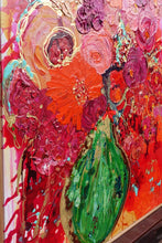 Load image into Gallery viewer, Vibrant colourful mass of blooms in magenta and red, with gold details and a bright green vase. Detail view.
