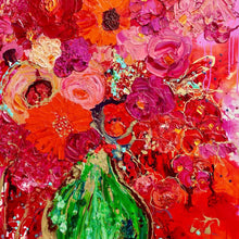 Load image into Gallery viewer, Vibrant colourful mass of blooms in magenta and red, with gold details and a bright green vase. Square view.
