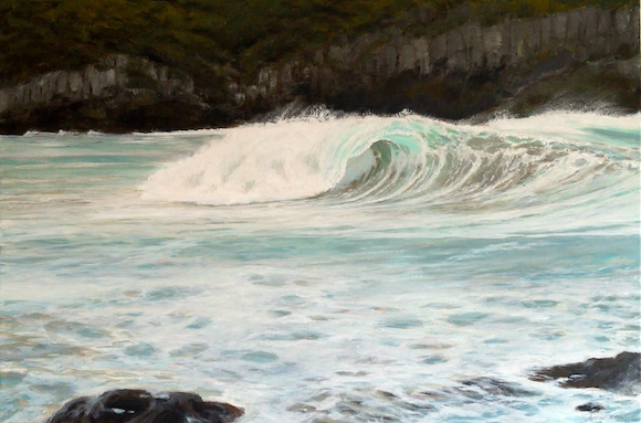 Andrew McPhail, original painting, Tucked into the south end of the Farm is the rip along the rocks. Swell pumps in directly from the deep south and hits the sand bar next to the rip. Only the very experienced are out on days like this – no room for mals or SUPS! I loved the colour contrast between the wave’s tube and the dark basalt of the headland to the north.