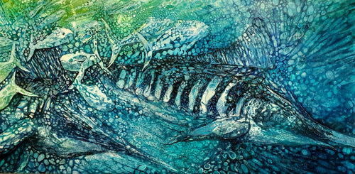 Underwater painting of a large striped fish and smaller fish.