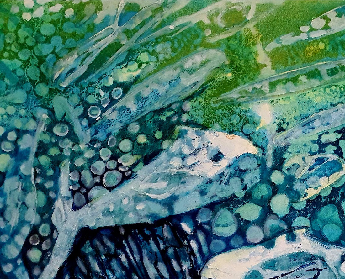 Underwater painting of a large striped fish and smaller fish. Detail view.