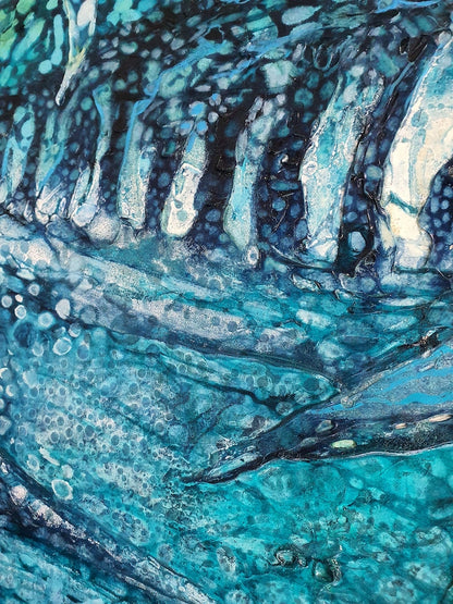 Underwater painting of a large striped fish and smaller fish. Detail view 2.