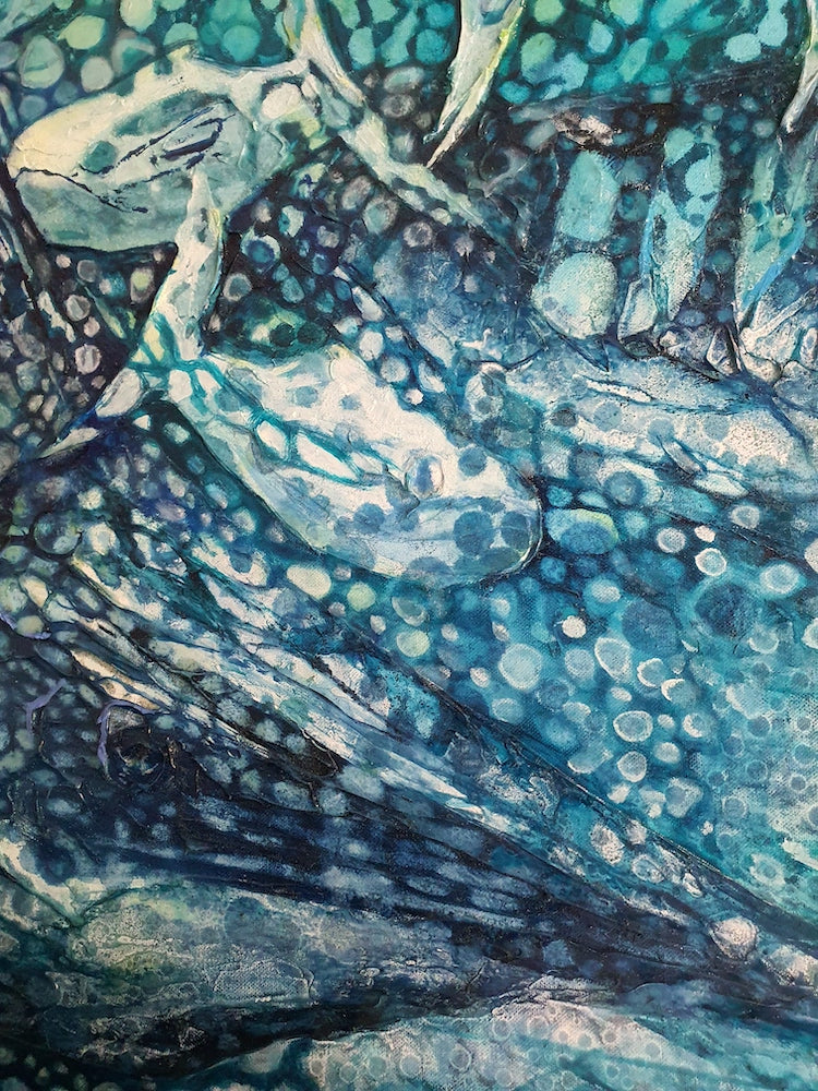 Underwater painting of a large striped fish and smaller fish. Detail view 3.