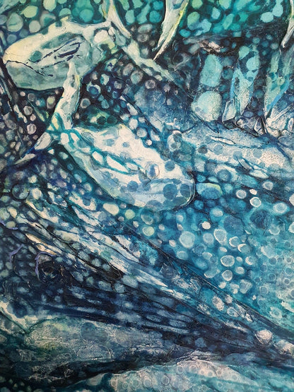 Underwater painting of a large striped fish and smaller fish. Detail view 3.