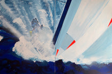 Load image into Gallery viewer, Sailing boat with a blue and white spinnaker with red markings and a crew of sailors gathered around the helm, working hard on a down wind run, in a stormy deep blue ocean.
