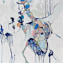 Load image into Gallery viewer, Abstract painting of a cluster of stones in a tidal pool with a background of mostly white with blues and multi coloured detail. 
