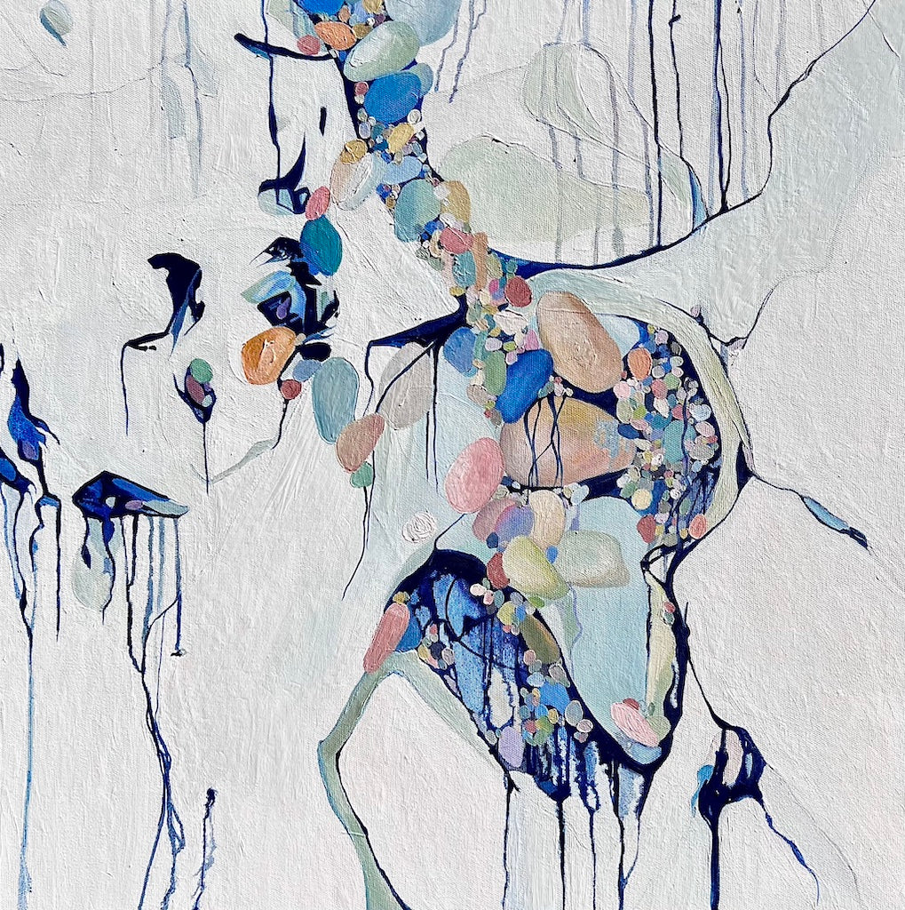 Abstract painting of a cluster of stones in a tidal pool with a background of mostly white with blues and multi coloured detail. 