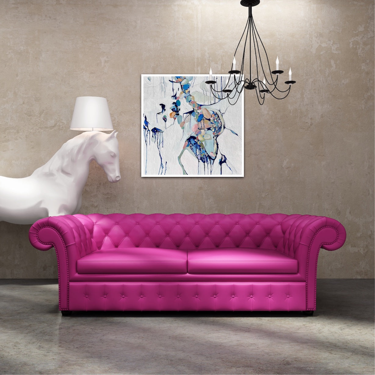 Abstract painting of a cluster of stones in a tidal pool with a background of mostly white with blues and multi coloured detail.  Shown on a wall above a hot pink sofa.