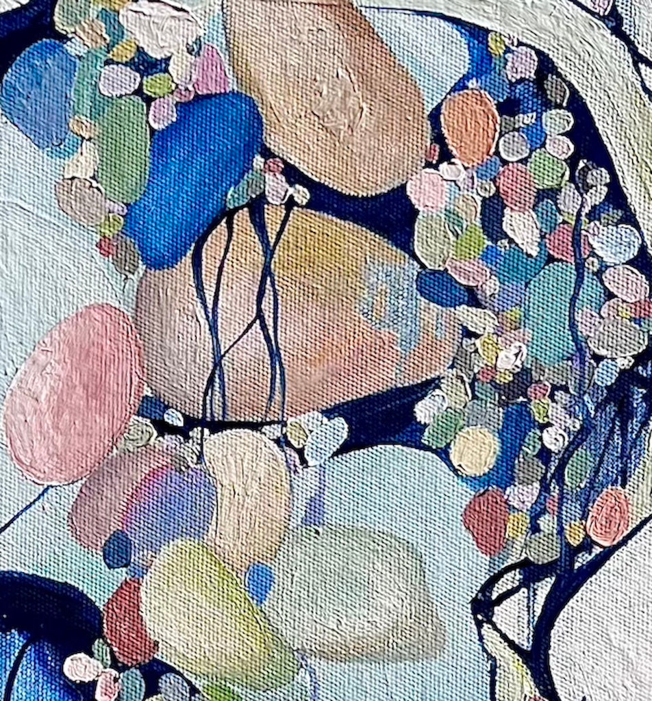 Abstract painting of a cluster of stones in a tidal pool with a background of mostly white with blues and multi coloured detail. Detail view of painting shown here.