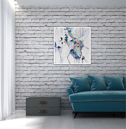 Abstract painting of a cluster of stones in a tidal pool with a background of mostly white with blues and multi coloured detail. Shown on a brick wall.