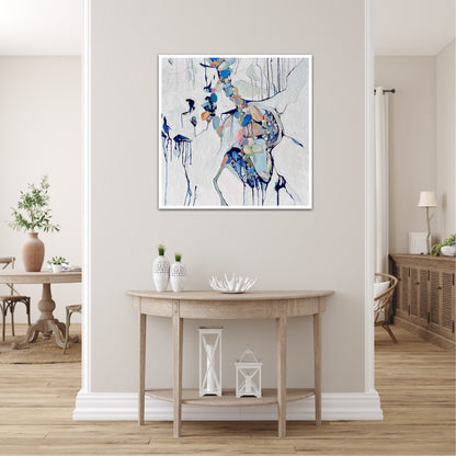 Abstract painting of a cluster of stones in a tidal pool with a background of mostly white with blues and multi coloured detail.  Shown on a dividing wall.