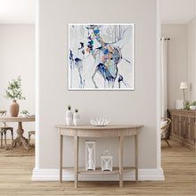 Load image into Gallery viewer, Abstract painting of a cluster of stones in a tidal pool with a background of mostly white with blues and multi coloured detail.  Shown on a dividing wall.
