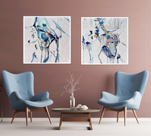 Load image into Gallery viewer, Abstract painting of a cluster of stones in a tidal pool with a background of mostly white with blues and multi coloured detail.  Shown on a wall next to a matching artwork.
