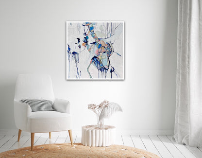 Abstract painting of a cluster of stones in a tidal pool with a background of mostly white with blues and multi coloured detail.  Shown on a white wall.