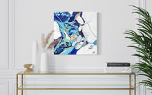 Load image into Gallery viewer, Abstract painting of a rock pool in shades of blue, green, aqua, turquoise, rose, ochre, yellow and white. Shown on a wall.
