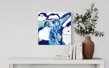 Load image into Gallery viewer, Contemporary abstract painting in shades of blue, aqua, turquoise, green, mauve, ochre and white. Shown  on a wall above a hall table.
