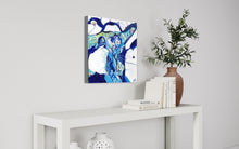 Load image into Gallery viewer, Side view of a contemporary abstract painting in shades of blue, aqua, turquoise, green, mauve, ochre and white.
