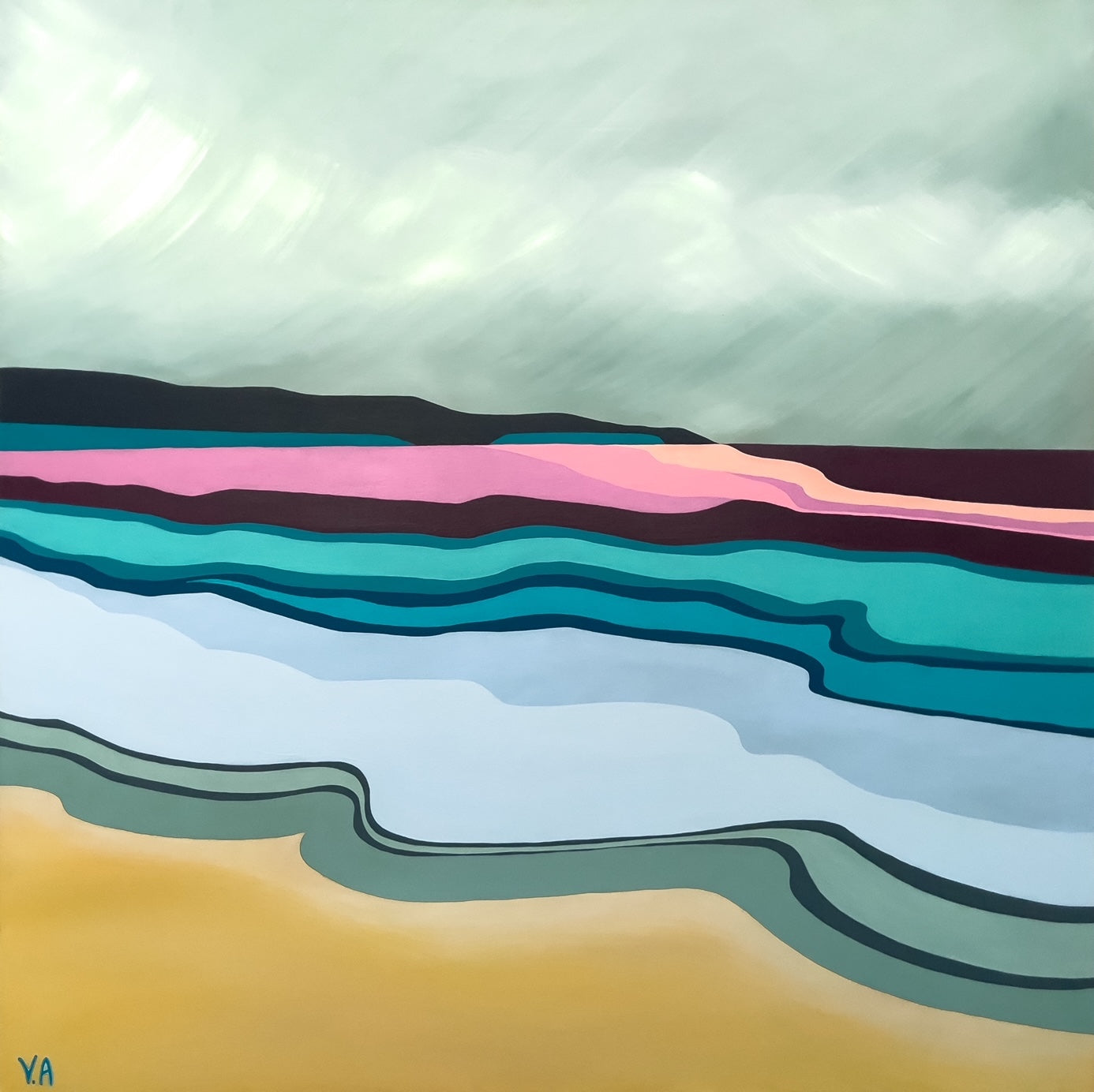 Multicoloured waves washing upon the shore.