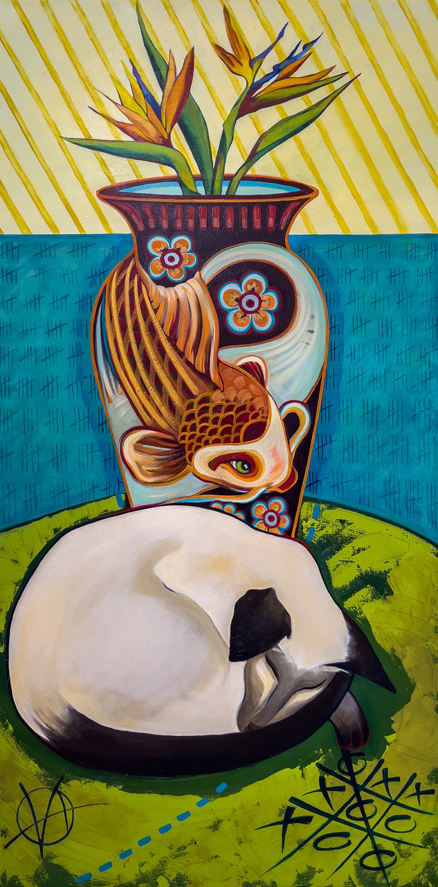 A white dog with black markings curled up asleep in front of an ornate vase. The vase has a painting of a carp and flowers and there are two Bird of Paradise flowers inside the vase.