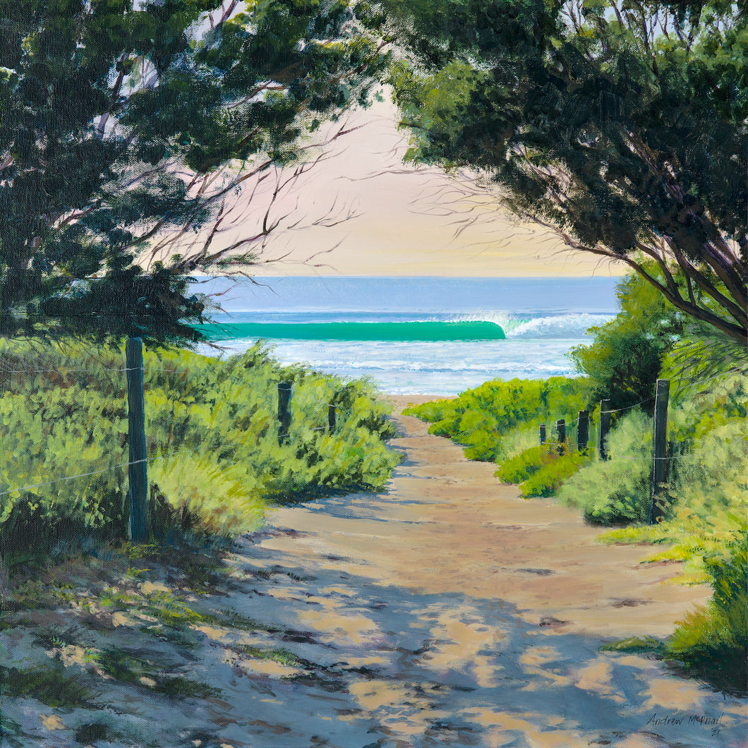Andrew McPhailTrack to North Werri, How many times have I parked the car near a beach, tucked the surfboard under the arm and headed down the track to a morning wave. This painting captures all the anticipation, colour, beauty and wonder of a long right-hand tube barrelling along a famous surf beach on the NSW south coast. Can you imagine yourself in the Green Room?