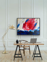 Load image into Gallery viewer, Sailing boat with a red spinnaker with patches of blue in an aqua and deep blue ocean. In situ view on a panelled wall.
