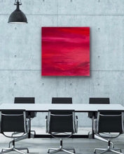 Load image into Gallery viewer, Original abstract artwork with varying shades of red and scarlet. Shown in situ on a light grey wall.
