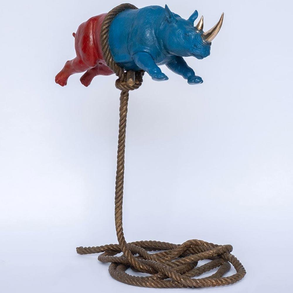 Gillie and Marc, Flying Psychedelic Rhino on short Rope, Bronze sculpture # 2/10