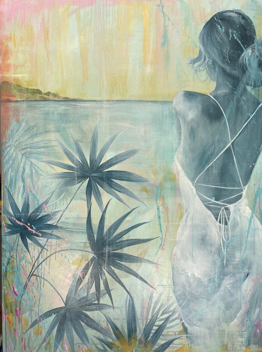 Painting of a girl standing in a white dress gazing across the ocean at dawn.